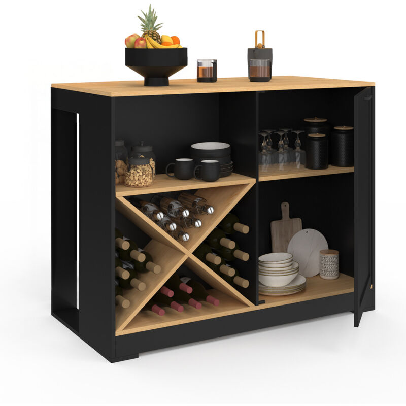 Table de bar îlot vito 113 cm avec range bouteilles bois noir et plateau façon hêtre