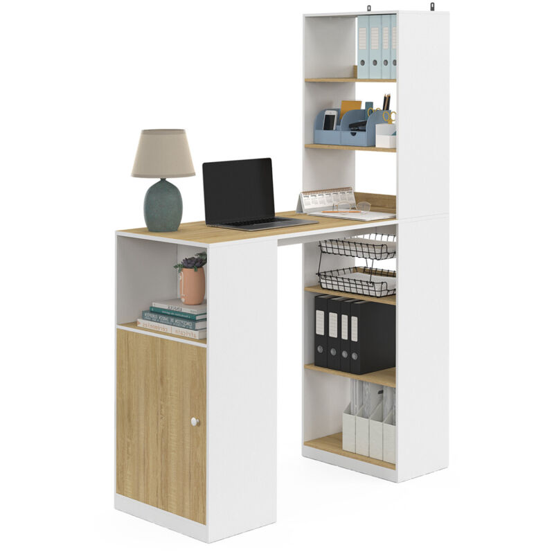 Idmarket - Table de bar lung avec rangements et placard 2 personnes blanc et bois