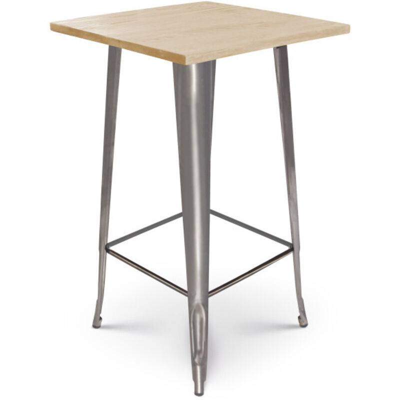 Table de bar 'Mange Debout' style industriel en métal brut et plateau bois clair - 60x60 cm