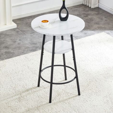 Table de bar moderne aspect marbre blanc métal noir 60x60x89 cm avec rangement, table haute contemporaine cuisine salle à manger café