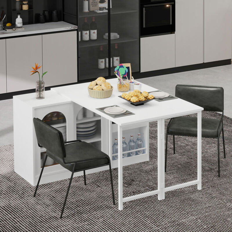 Gutent - Table de bar moderne avec espace de rangement et porte d'armoire en verre,Extensible 360° pivotant- Blanc