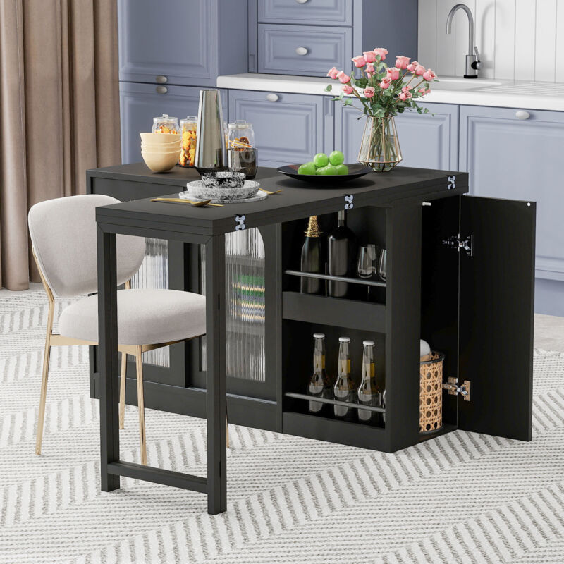 Gutent - Table de bar moderne avec espace de rangement et porte d'armoire en verre,Extensible 360° pivotant- Noir