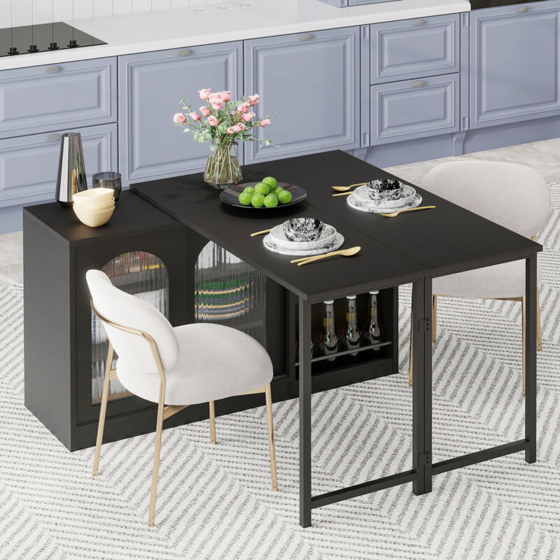 Table de bar moderne rétractable rotative à 360° 115x120x74,5 cm, avec rangement, table à manger réversible, avec porte vitrée, noir