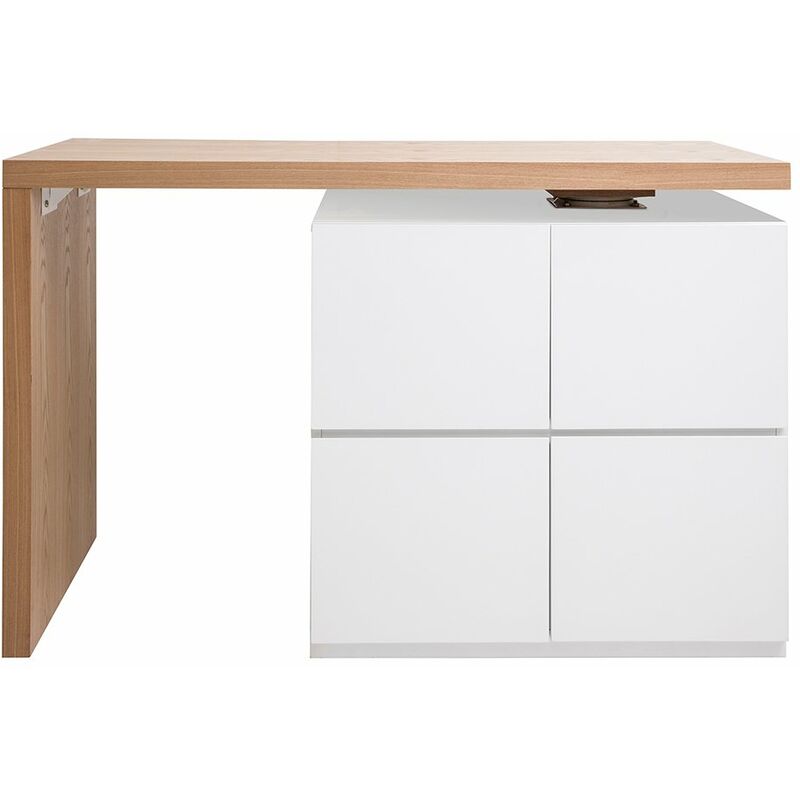 Miliboo – Table de bar modulable avec rangement blanc mat et chêne – Plateau pivotant 360° – Longueur 140-165 cm – Hauteur 91 cm – Meuble moderne