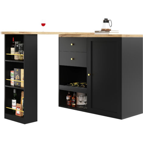 Table de bar pivotante 360° avec 2 tiroirs - Rangement salon/cuisine - Noir & bois