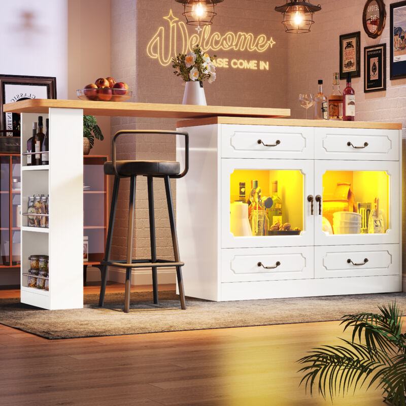 Table de bar pivotante à 360°, buffet de cuisine avec éclairage LED, 2 portes et 4 tiroirs, 135/203×39×92.8 cm, MDF, blanc