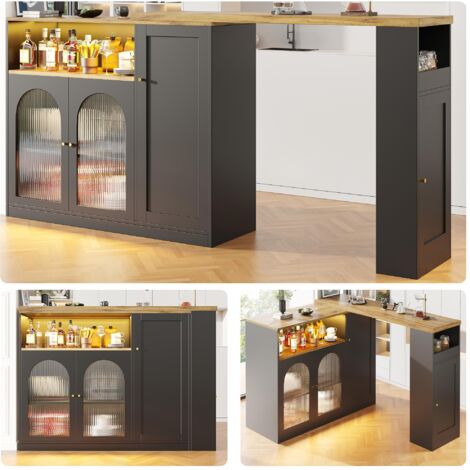 Table de bar pivotante à 360° (élément principal : 198 x 39,6 x 97 cm), meuble noir mat avec plateau en bois, porte vitrée et éclairage LED, buffet, cave à vin, coin café