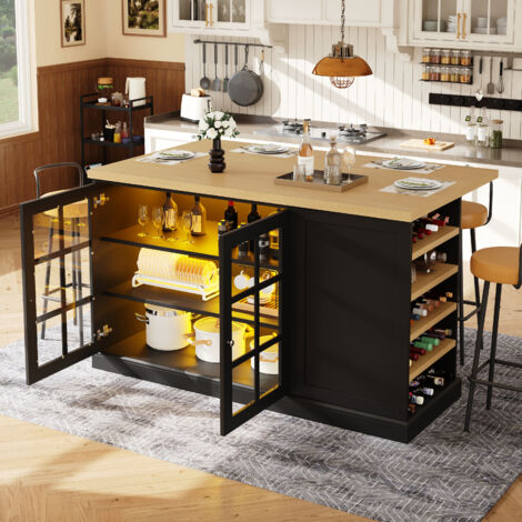 Table de bar pliante 120x40-70x90 cm LED USB range-bouteilles tiroir îlot cuisine MDF nior bois