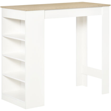 Table de bar pour 2 personnes, table haute mange debout avec 4 étagères ouvertes, 115x50x102,7cm, blanc et bois naturel