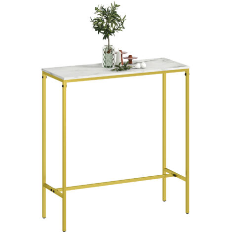 Table de bar rectangulaire avec plateau aspect effet marbre et cadre en acier, 100 x 40 x 107 cm, doré