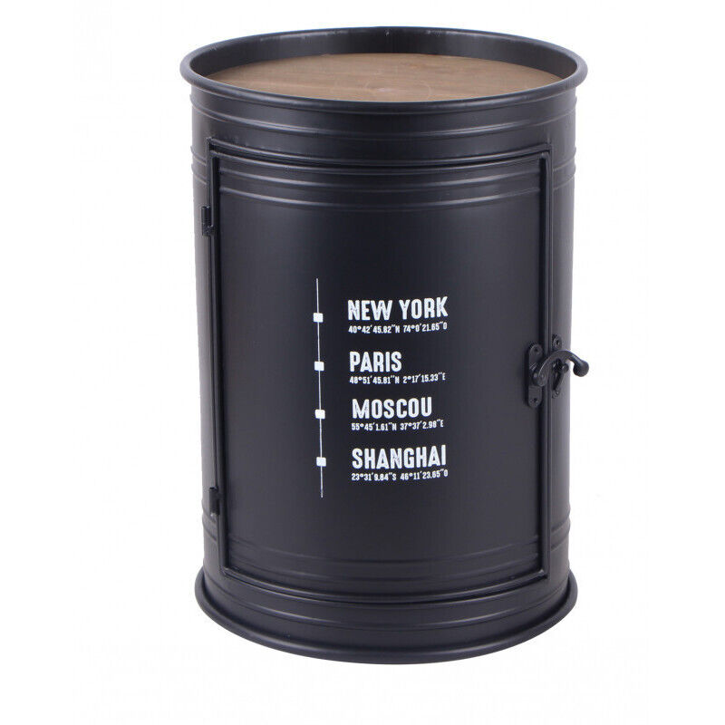 Bar bidon 1 porte loft & metal - Noir et bois - Métal et bois - d 33.5 x h 46.5 cm - Livraison gratuite