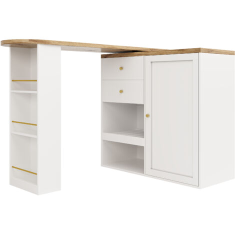 Table de Bar Rotative (105 x 39 x 102 cm) avec 2 Tiroirs et Armoire à Porte Coulissante, 3 Niveaux de Rangement Ouvert, pour Salle à Manger / Bureau / Salon
