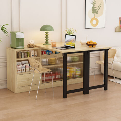 Table de bar rotative 360° naturel avec portes vitrées, tiroirs et étagère