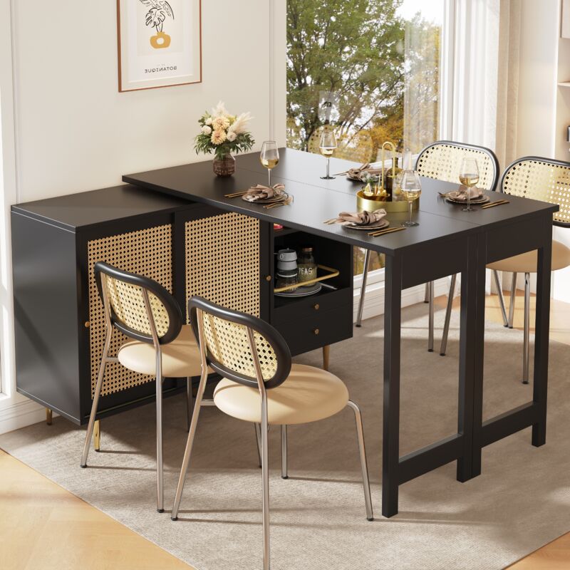 Table de bar rotative à 360° au design extensible, meuble de rangement avec porte en rotin, étagère de rangement ouverte, adaptée pour cuisine et