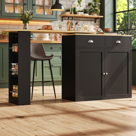 Table de bar rotative à 360° avec 2 tiroirs, 2 portes et étagères latérales, noir, 138x39x105 cm