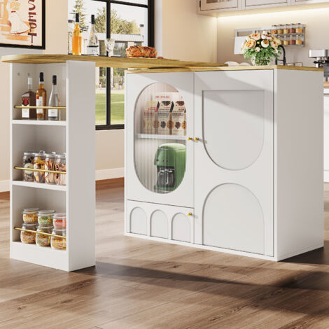 Table de bar rotative à 360° avec 3 portes - bar de cuisine en blanc MDF avec étagères - 138x39x105cm