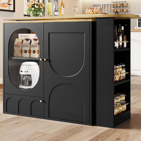 Table de bar rotative à 360° avec 3 portes - bar de cuisine en noir MDF avec étagères - 138x39x105cm
