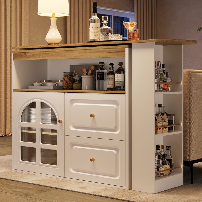 Table de bar rotative à 360° avec tiroirs et portes verre - meuble bar en mdf blanc avec rangement ouvert - 138X39X104cm