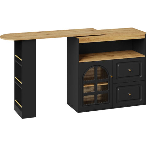 Table de bar rotative à 360° avec tiroirs et portes verre - meuble Bar en MDF noir avec rangement ouvert - 138X39X104cm