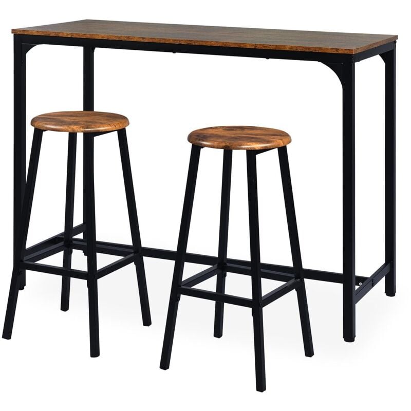 Cotecosy - Table de bar style industriel avec ses 2 tabourets Jostin Bois et Métal Noir