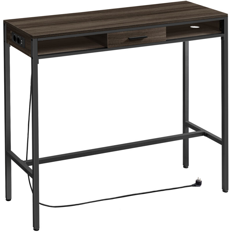 Vasagle - Table de Bar, Table de Pub avec Multiprise et Tiroir Amovible en Tissu Non-Tissé, Crochets, 40 x 120 x 104,6 cm, Marron