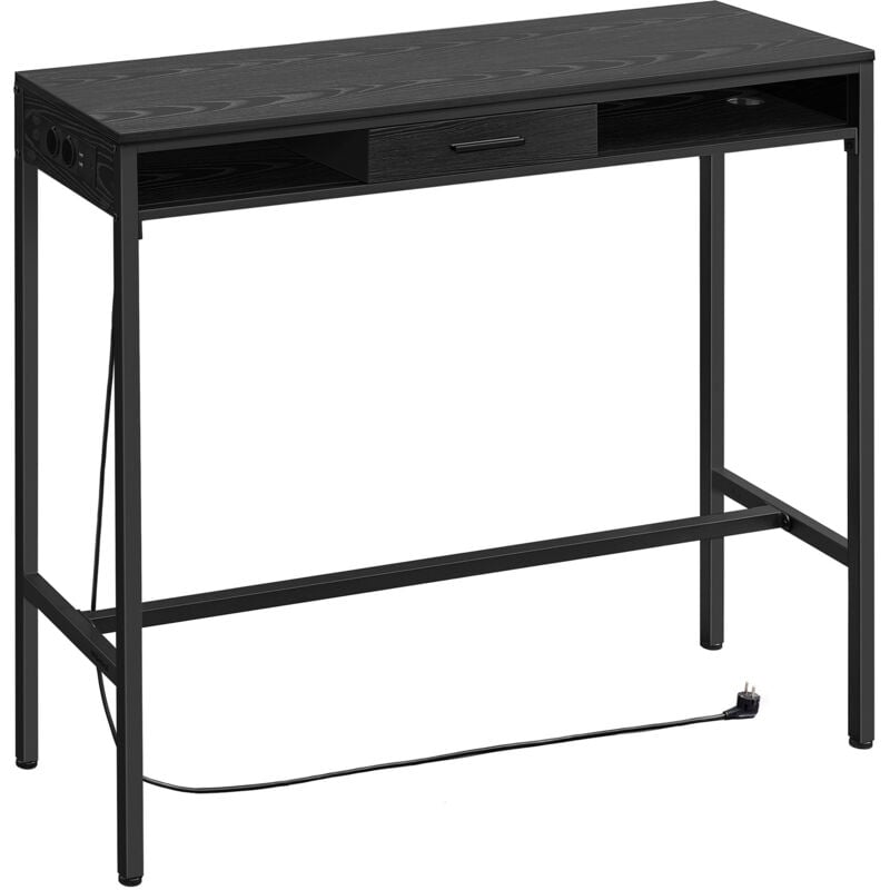 Vasagle - Table de Bar, Table de Pub avec Multiprise et Tiroir Amovible en Tissu Non-Tissé, Crochets, 40 x 120 x 104,6 cm, Noir