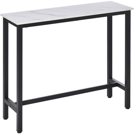 Table de bar - table haute de cuisine - dim. 120L x 40l x 100H cm - châssis piètement acier noir, plateau aspect marbre blanc - Blanc
