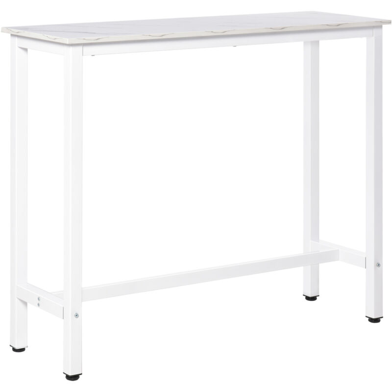 Table de bar table haute de cuisine mange-debout 120 x 40 x 100 cm châssis piètement acier, plateau aspect marbre blanc-Blanc