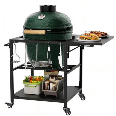 Table de barbecue d'extérieur avec roulettes, étagère de rangement, crochets et housse amovible, compatible avec les barbecues Big Green Egg