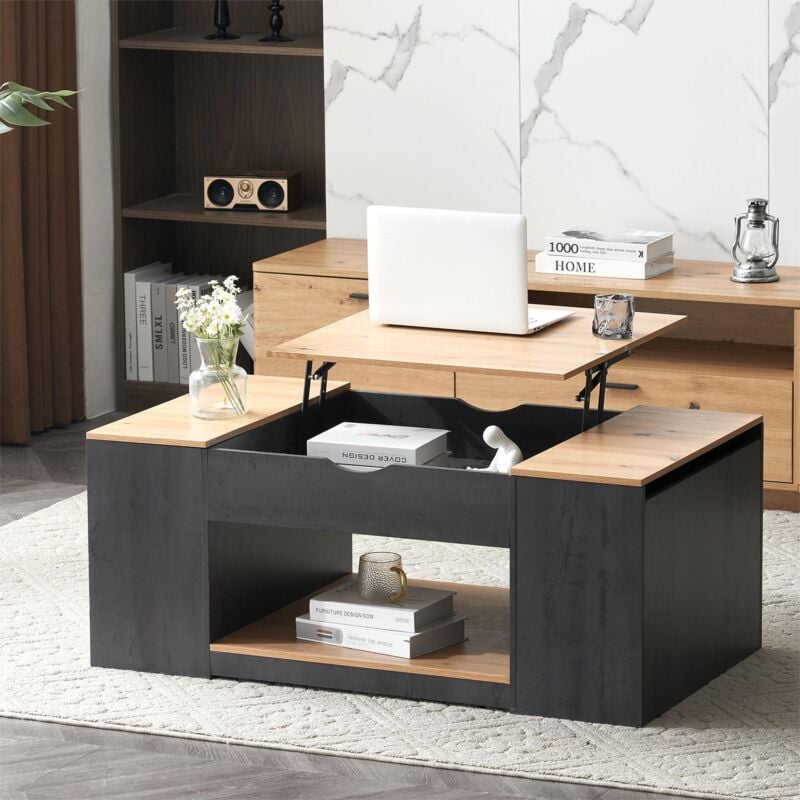 Keepbuying - Table de Basse Relevable avec Plateau relevable - 109 cm,Table de Salon Fonctionnelle Espace de Rangement en Bois MDF,Structure Grise