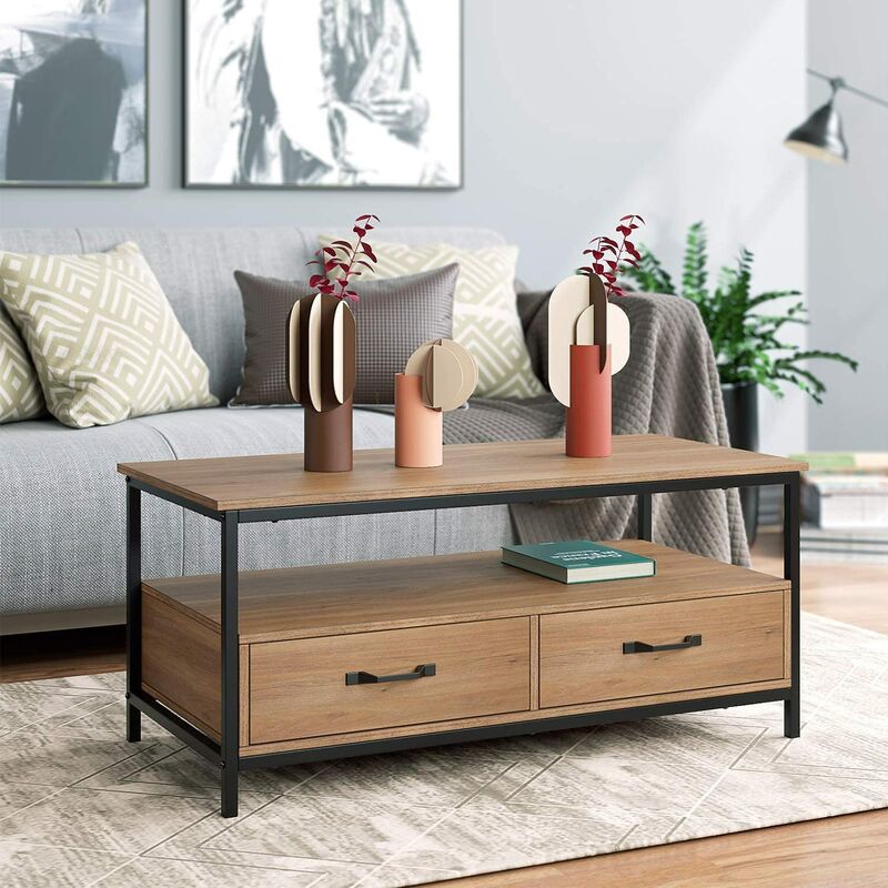 table de basse salon industriel avec 2 tiroirs rangement tv en bois et metal marron 106 x 50 48 cm