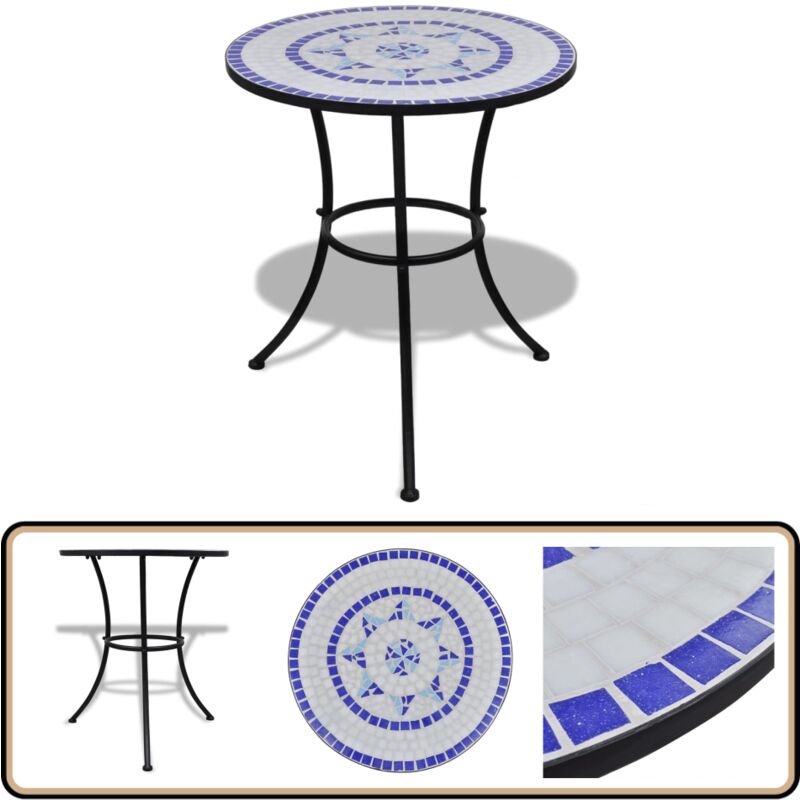 Table de bistro Bleu et blanc 60 cm Mosaïque - Table De Jardin - Table Bistrot - Table Mosaïque - Table Extérieure - Mobilier De Jardin