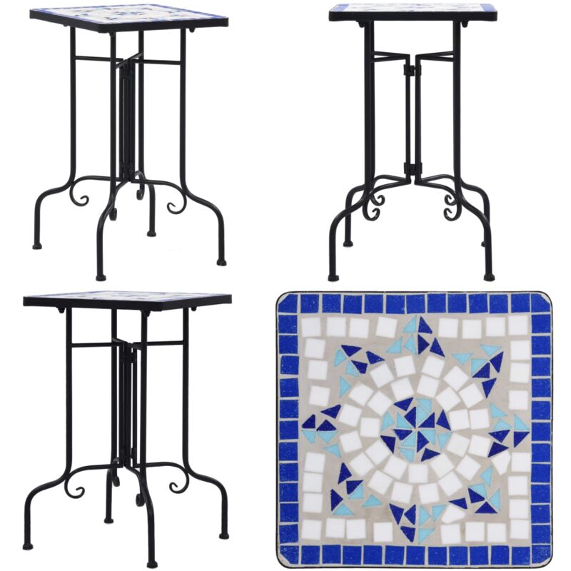 Table de bistro mosaïque bleu et blanc Céramique - Table D'appoint Extérieur - Table Mosaïque - Table Fleurie - Décoration Jardin - Mobilier De