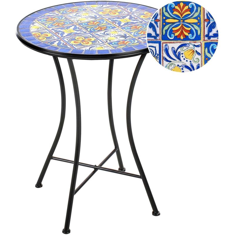 Table de Bistrot de Jardin Vintage en Métal 60 cm Motif Mosaïque Plateau en Fer Noire Coriano