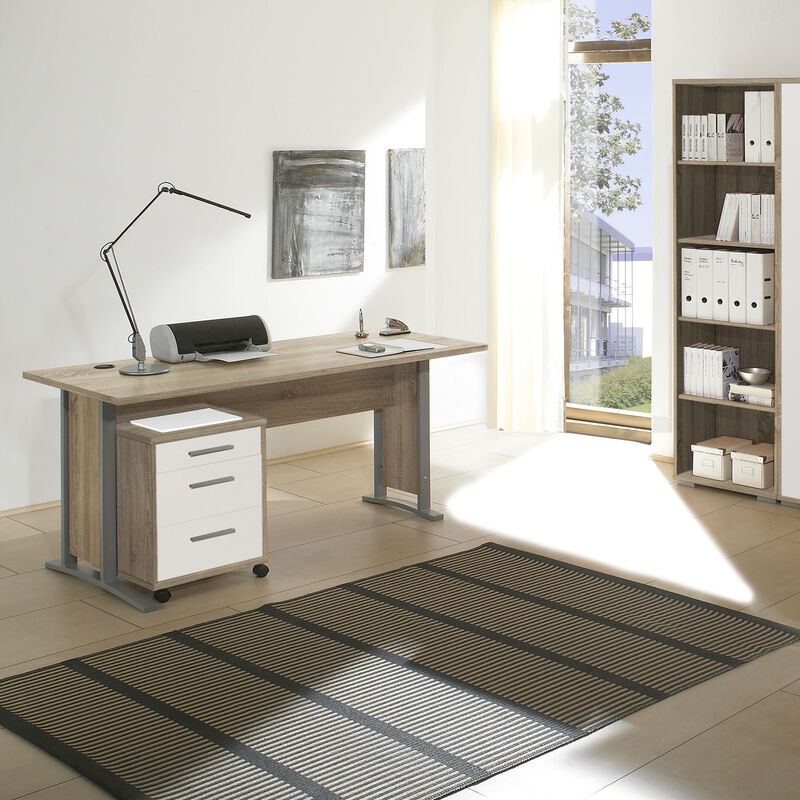 Pegane - Table de bureau avec caisson en bois mdf coloris Sonoma, blanc - Longueur 150 x Hauteur 73 x Profondeur 70 cm