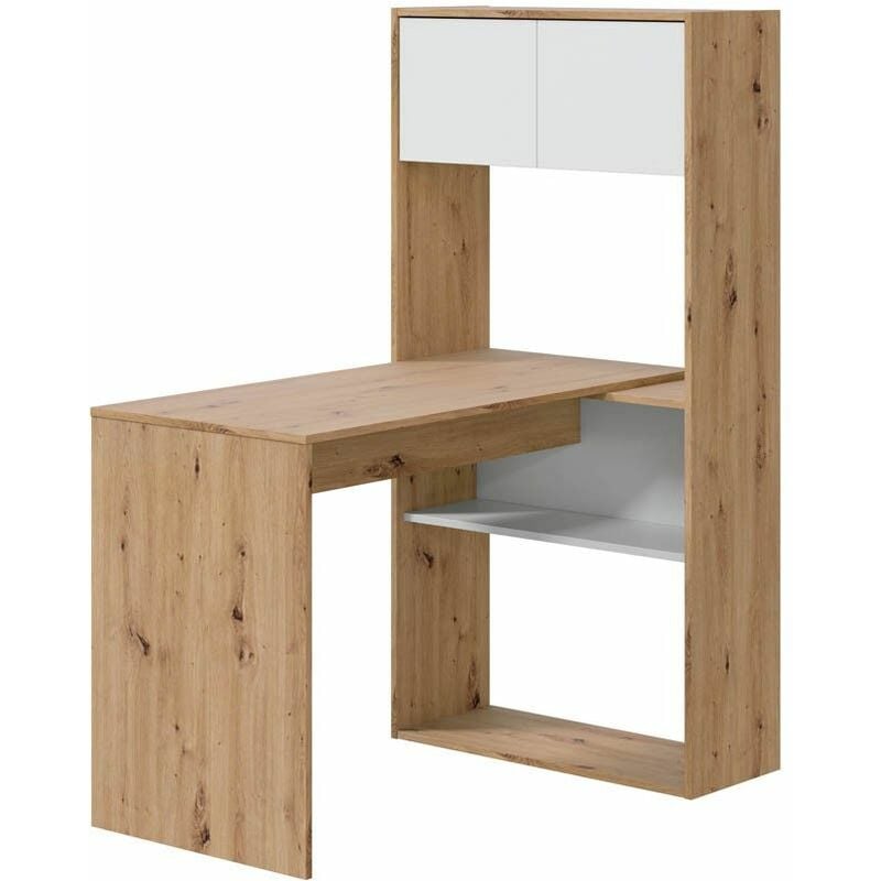 Vmo Home - Table de bureau avec étagère et deux portes Duo 108 cm (largeur) x 140 cm (hauteur) x 70 cm (profondeur) - Chêne Nodi - Artik Blanc