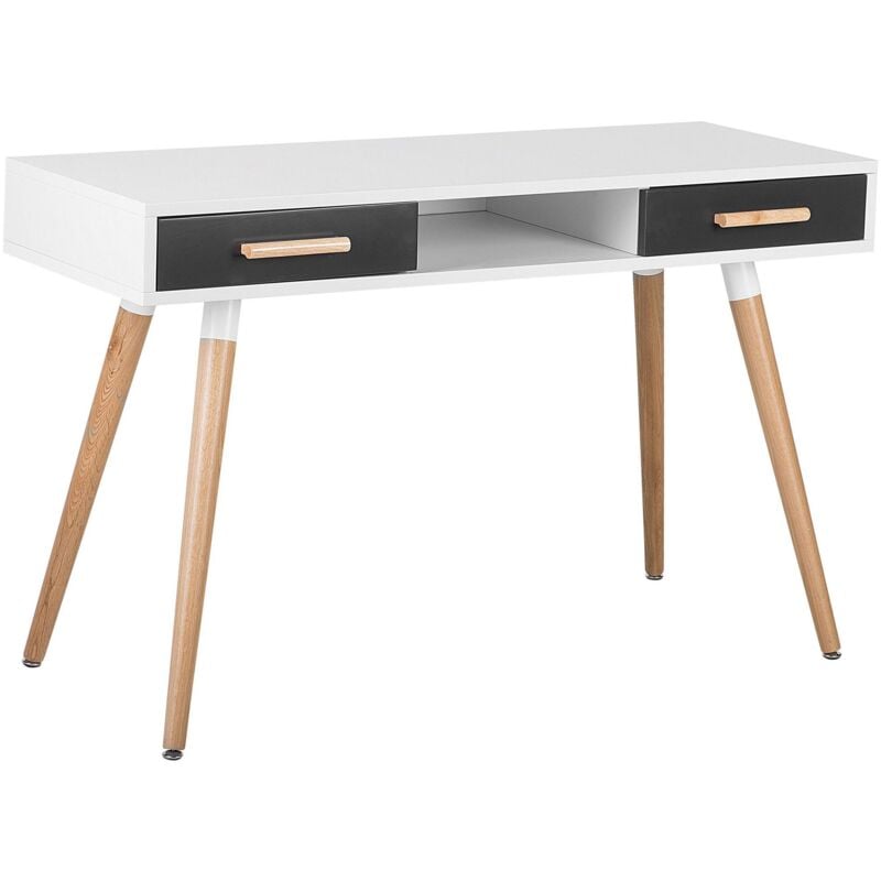 Beliani - Bureau Blanc 120 x 50 cm avec 2 Tiroirs Gris Spacieux et Pieds en Bois de Chêne de Style Scandinave pour Intérieur Moderne ou Minimaliste