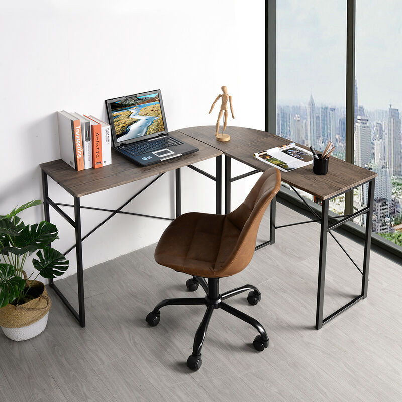 Houseinbox - Table de bureau d'angle Bureau d'angle Bureau d'ordinateur Bureau Plan de travail en bois et acier, 123*103cm, Marron