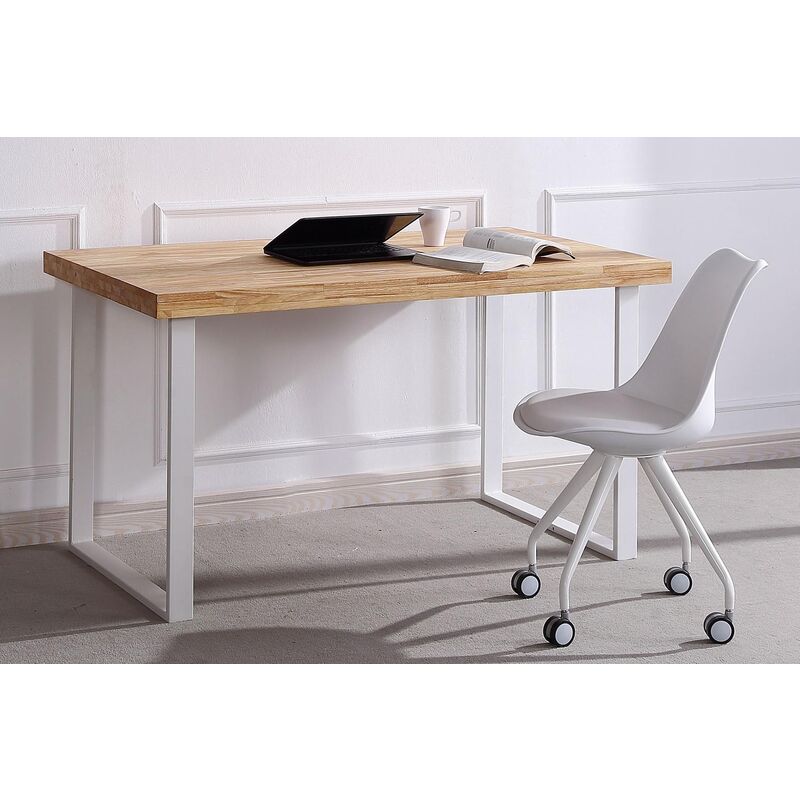 Table de bureau en bois coloris chêne nordique / pieds blanc - Longueur 120 x profondeur 60 x hauteur 73 cm -PEGANE-
