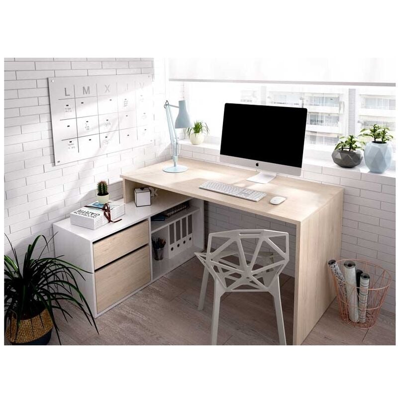 Befara - table de bureau en l otto - Blanc / Naturel - Blanc / Naturel