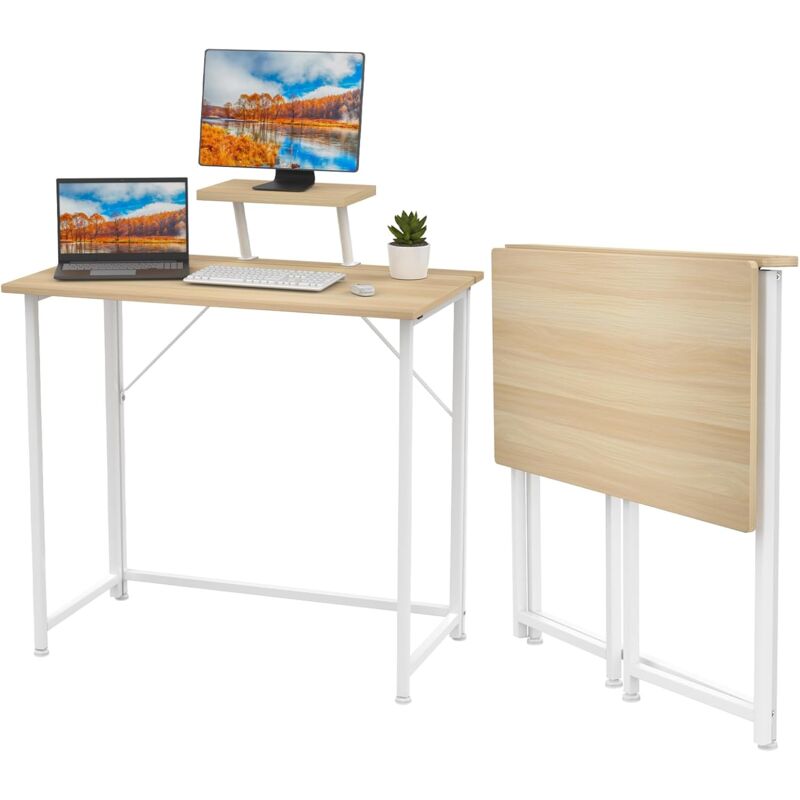 Table de Bureau Pliante, Bureau d'Ordinateur Pliable 80x45x75cm, Petit Table de Bureau avec Support d'Écran, Cadre en Métal, Bureau Pliant pour