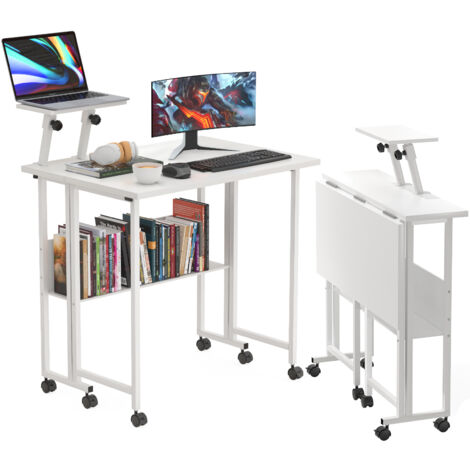 Table de Bureau Pliante pour Petits Espaces, Table d'ordinateur Portables avec Support Ecran, pour Travailler, Blanc