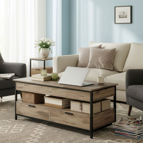 Table de Café avec Rangement Ouvert, Plateau Relevable, Tiroirs, pour Salon, Compartiment Caché, 120 x 50 cm, Marron et Noir