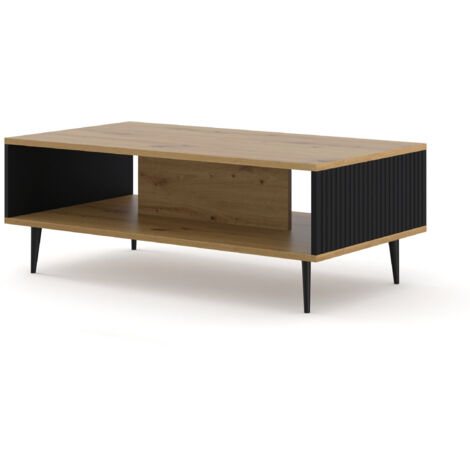 TABLE DE CAFÉ RAVENNA B EN MDF REVÊTU EN FEUILLE 90x60x45 CHÊNE ARTISANAL NOIR MAT PIEDS NOIRS