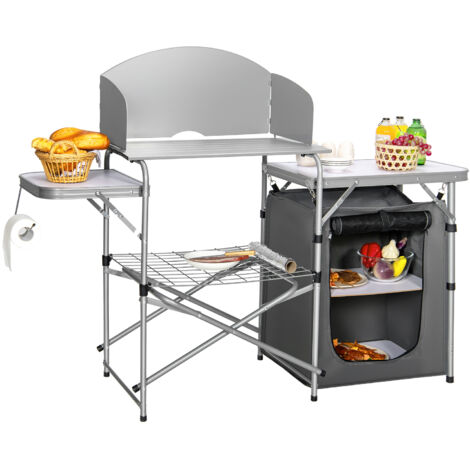 Table de Camp Pliable avec Rangement, Pare-vent, Sac de Transport, Table à Gril Légère et Portable pour Fête BBQ, Camping, Gris