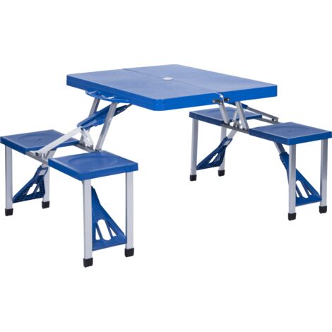 Table de camping 4 places avec banc - Kingcamp - Forme valise - Dimensions : 85 x 65 x 65 cm - Bleu