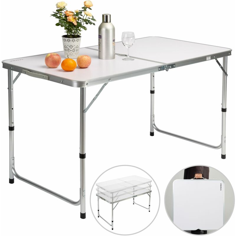 Table de camping aluminium mdf pliable avec poignée transport 120x60x70cm coffre Blanc