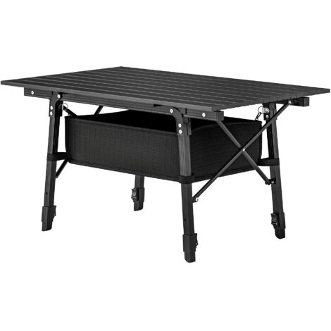 Table de camping avec panier de rangement, pliable, réglable en hauteur, aluminium, noir