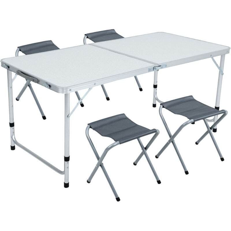 Table de camping blanche avec 4 chaises pliantes grises, dimensions : L120 x P60 x H70 cm