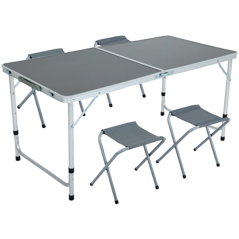 Table de camping gris foncé avec 4 chaises pliantes grises, dimensions : L120 x P60 x H70 cm
